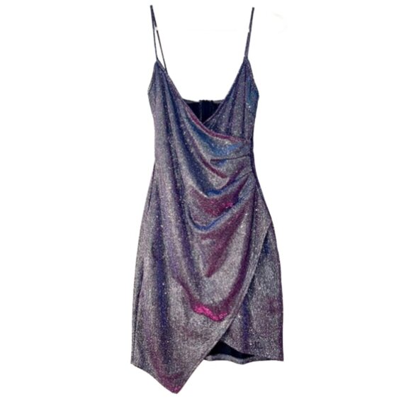 AKIRA Label Keep Up Ultra Shimmer Wrap Front Spaghetti Strap Mini Dress M - Picture 2 of 12